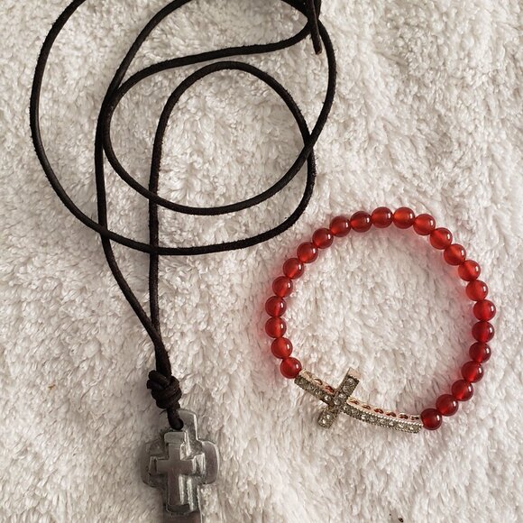 Metal Cross Leather Necklace Sparkly Cross Bracelet with Semi-Precious Stone - Picture 1 of 10